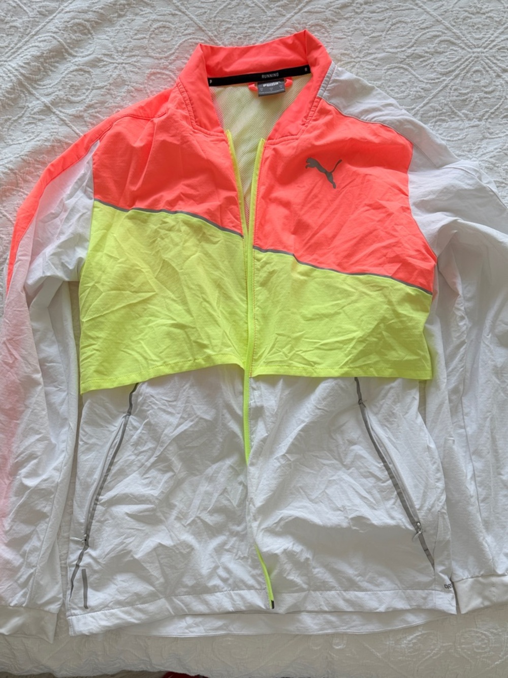 Puma White Windbreaker with Neon Coral and Neon Yellow Colorblock